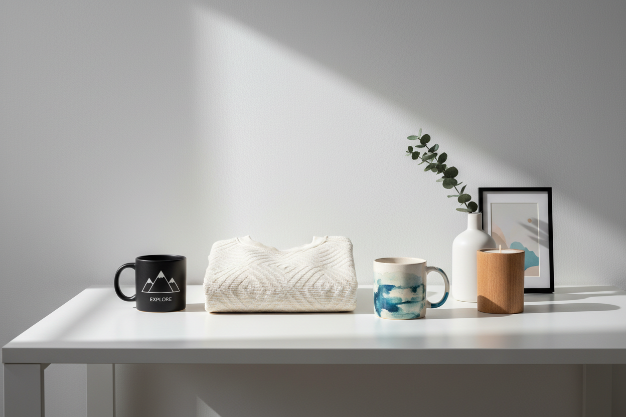 fot profesional de ropa original, tazas, decoracion sobre mesa o pared blanca limpio, iluminacion natural, estilo minimalista y moderno enfoque en detalle del producto, soombras suaves, texturas nitidas